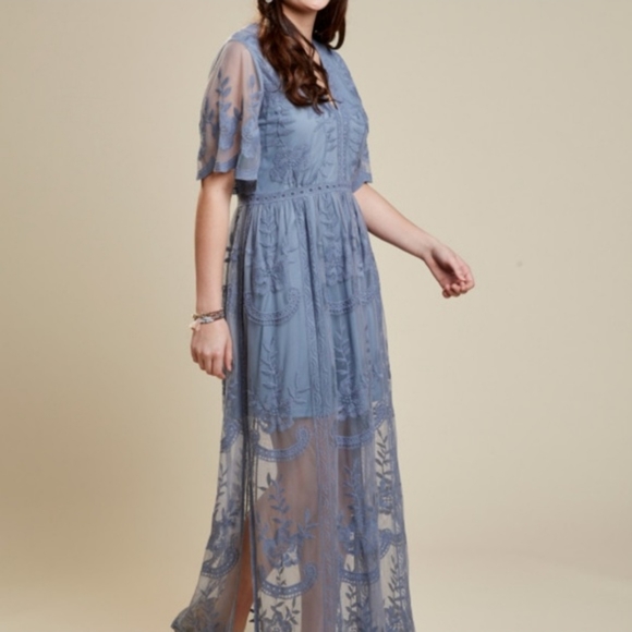 Altar'd State Dresses & Skirts - Altar'd State Dusty Blue Marianette Plunge Neck Lace Overlay Maxi Dress